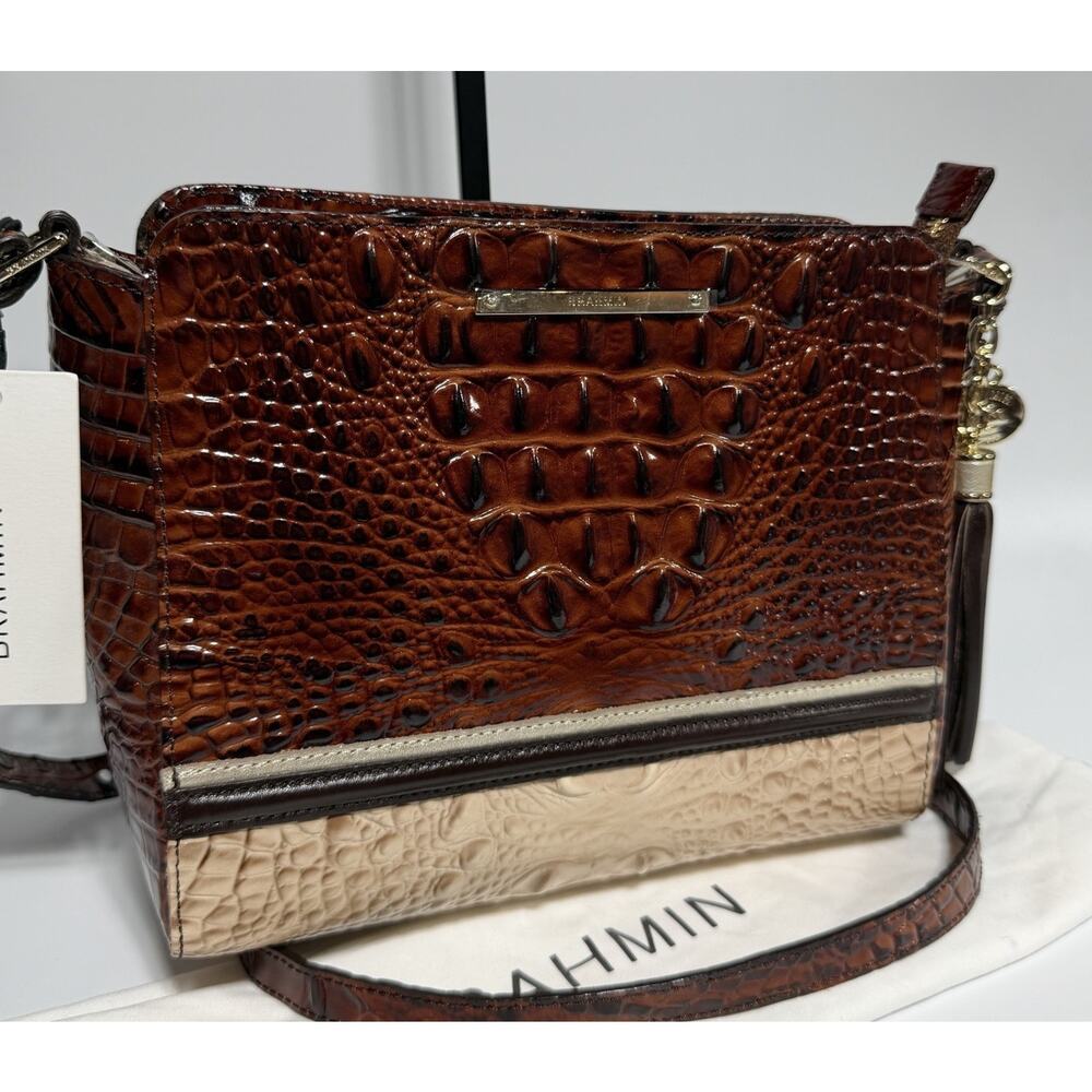 Brahmin Carrie Crossbody Croc Pecan Eastwood Brown White Silver 10" NEW w/ Tags